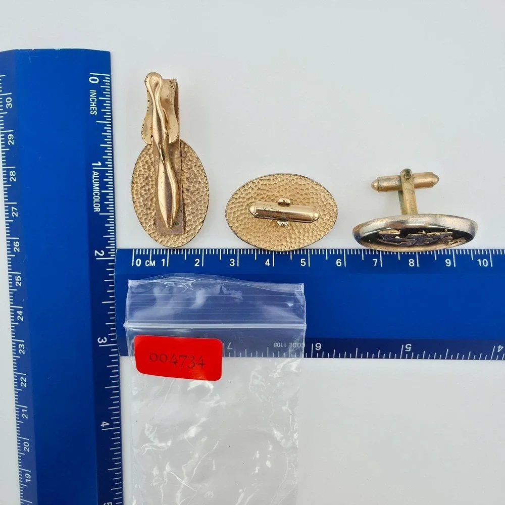 Vtg TRACTOMOTIVE CORP. Tie Clip Cufflink Set Bulldozer Black Enamel Gold Tone